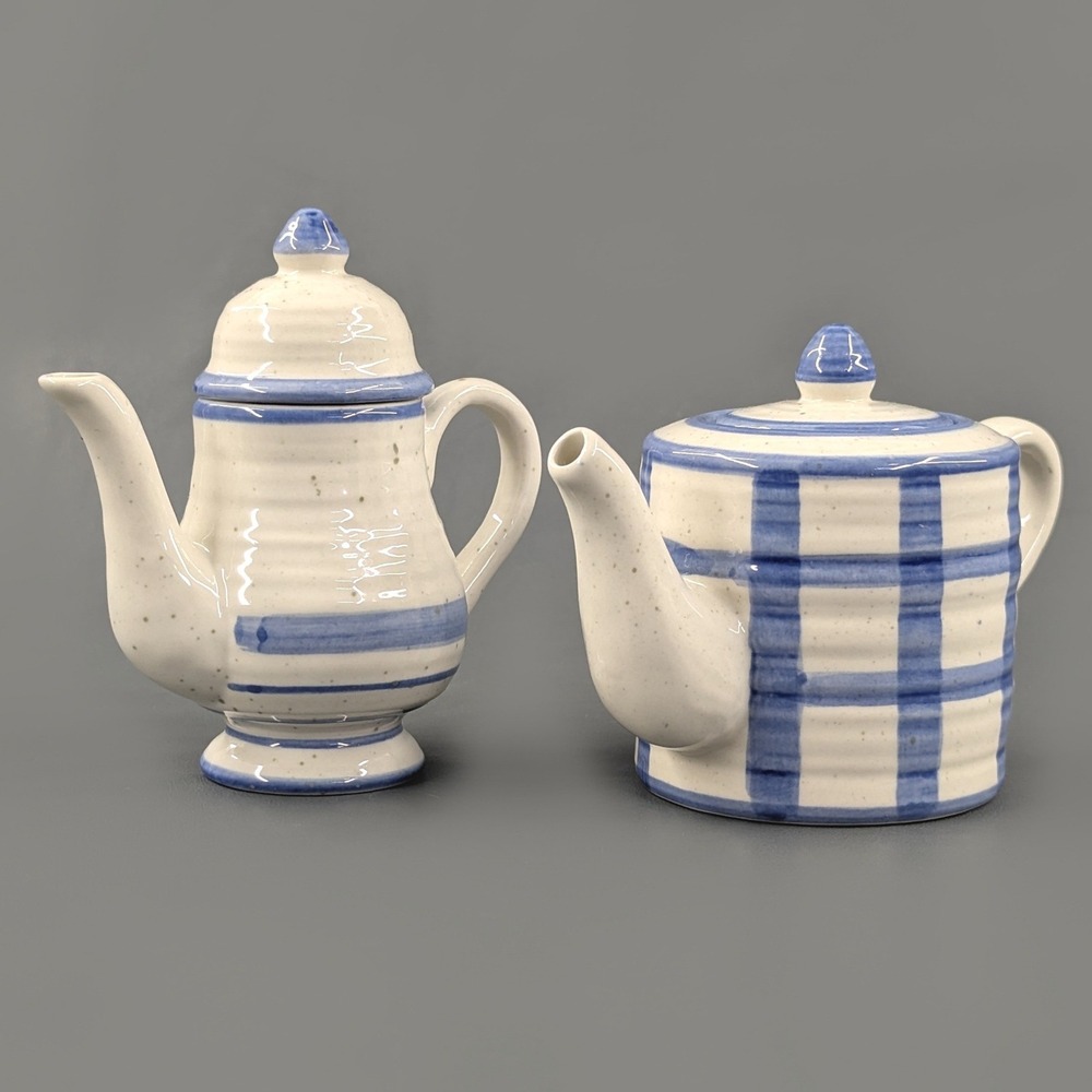 Country Living Dry Goods Ceramic Miniature Teapot Set Blue Plaid Striped 1999